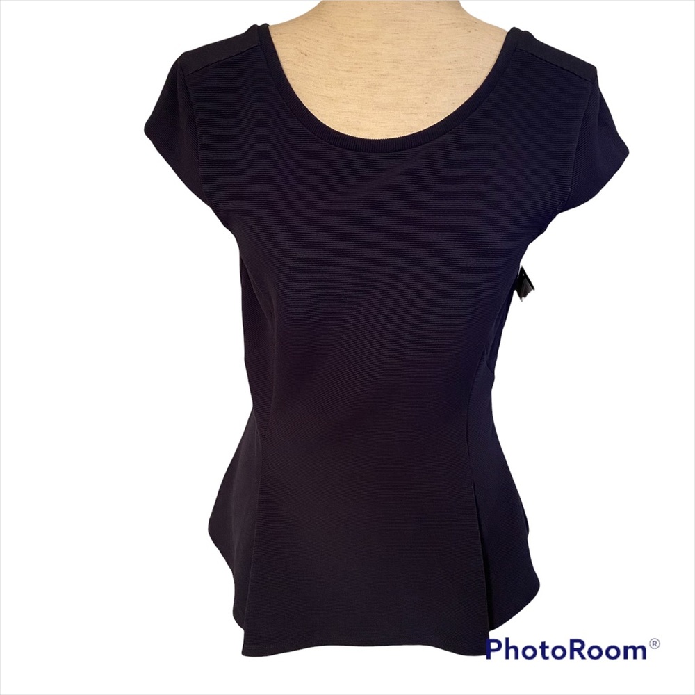 HALOGEN TOP TEE NEW NWT BLUE STRETCH FINE RIB FITTED SCOOP NECK CAP SLEEVE Sz S